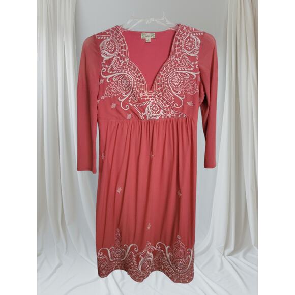 Nurture Dress S Midi V Neck Dark Peach Flowing Lined Embroidery Empire Baby Doll - Picture 1 of 12